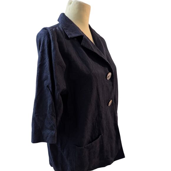 J.Jill Textured Silk Cotton Blend Jacket, 3/4 Sleeve Button Front, Navy, Medium - Picture 2 of 5